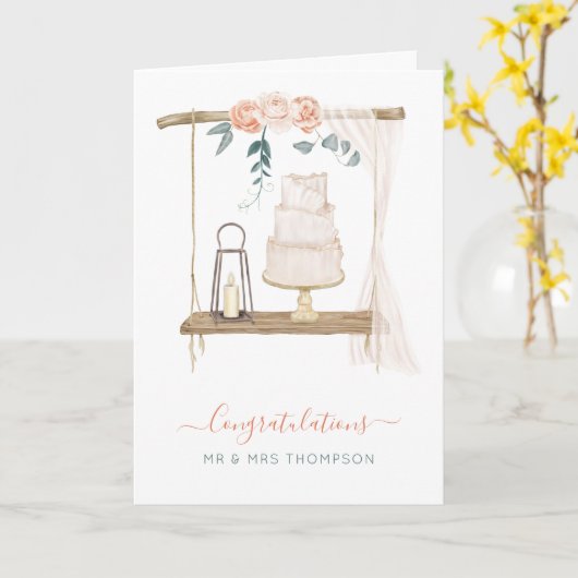 ラスティック ボーホー おめでとう 新婚カップル 名前 ウェディングケーキ カード (黄色い花)