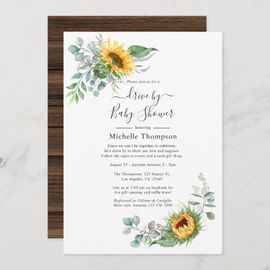 ラスティック ボーホー ひまわり ユーカリ ドライブ バイ シャワー 招待状 (正面/裏面)