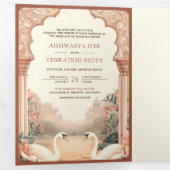 ラスティック ボーホー アーシー フローラル インド スワン ウェディング 三つ折り招待状 (内部最初)