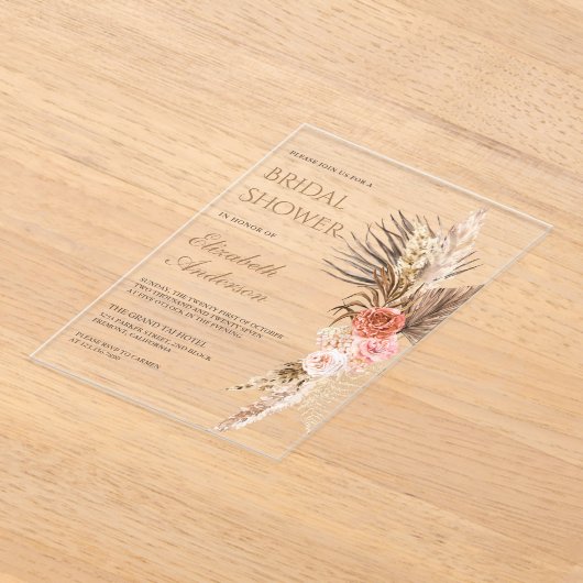 ラスティック ボーホー アースィー フラワーパンパス ブライダルシャワー アクリル招待状 (レイダウン)