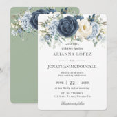 ラスティック ボーホー ダスティーブルー アイボリー フローラル セージ ウェディング 招待状 (正面/裏面)