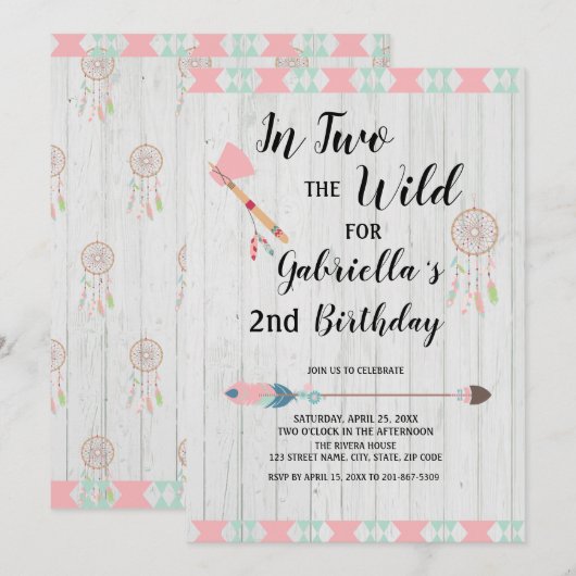 ラスティック ボーホー トライバル ワイルドで2歳の誕生日 招待状 (正面/裏面)