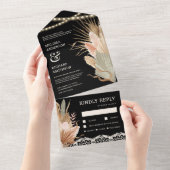 ラスティック ボーホー ドライ パーム パンパス ブラック ウェディング オールインワン招待状 (貼ってはがせる)