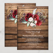 ラスティック ボーホー バーガンディ＆ホワイト ローズ アントラー ウェディング 招待状 (正面/裏面)