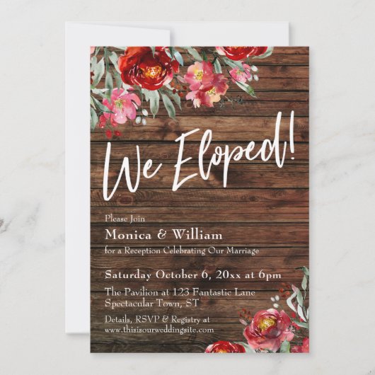 ラスティック ボーホー バーガンディ レッド フラワーズ 私たちは駆け落ちしました! 招待状 (正面)