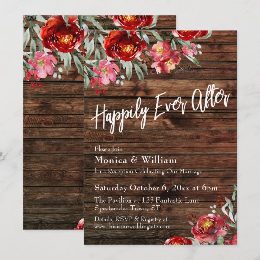 ラスティック ボーホー バーガンディ レッド フラワー ハッピーエバーアフター 招待状 (正面/裏面)
