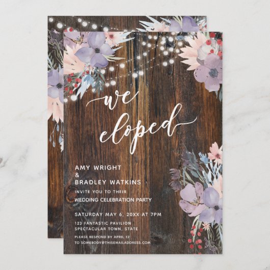 ラスティック ボーホー パステル フラワー & ライツ 私たちはこっそり結婚しました 招待状 (正面/裏面)