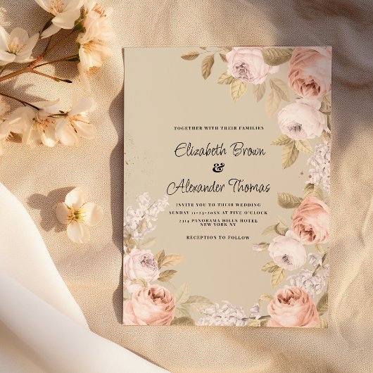 ラスティック ボーホー ピンク コーラル アイボリー フラワー ウェディング 招待状