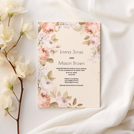 ラスティック ボーホー ピンク コーラル アイボリー フラワー テーマのウェディング 招待状