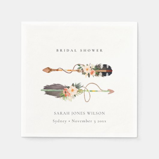 ラスティック ボーホー フェザー フラワー アロー ブライダル シャワー スタンダードカクテルナプキン (正面)