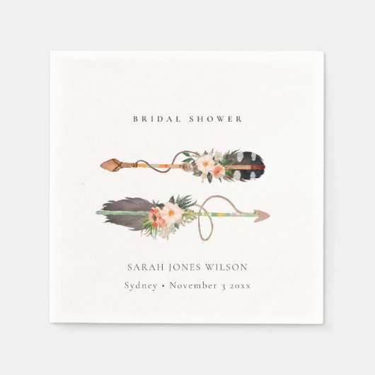 ラスティック ボーホー フェザー フローラル アロー ブライダル シャワー スタンダードカクテルナプキン (正面)