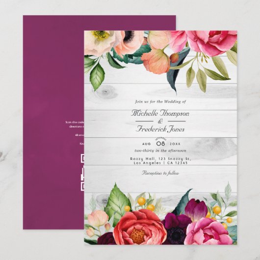 ラスティック ボーホー フラワー ボヘミアンコード 招待状 ウェディング (正面/裏面)