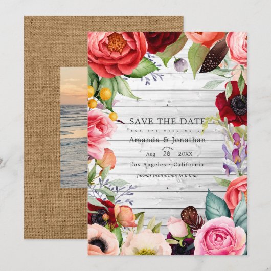 ラスティック ボーホー フラワー ボヘミアンスタイルのウェディング フォト セーブザデート (正面/裏面)