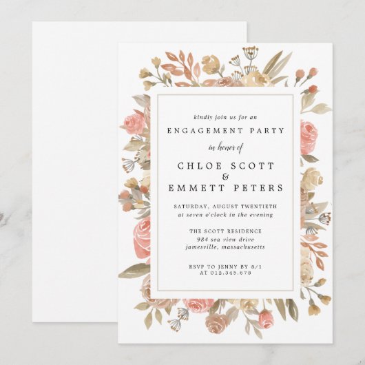 ラスティック ボーホー ブラッシュ ローズ フラワーエンゲージメントパーティー 招待状 (正面/裏面)