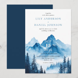 ラスティック ボーホー ブルー ウォーターカラー マウンテン ウェディング 招待状