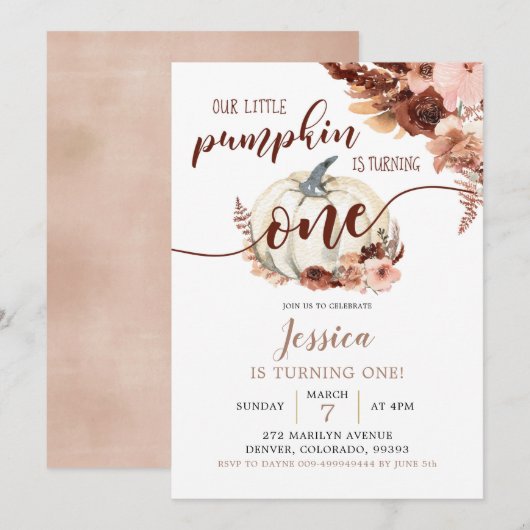 ラスティック ボーホー ホワイト パンプキン ファースト バースデー 招待状 (正面/裏面)