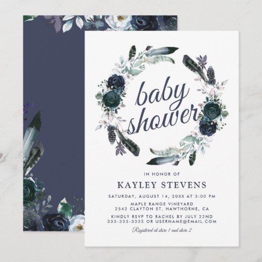 ラスティック ボーホー ボーイ ブルー フラワーベイビーシャワー 招待状 (正面/裏面)