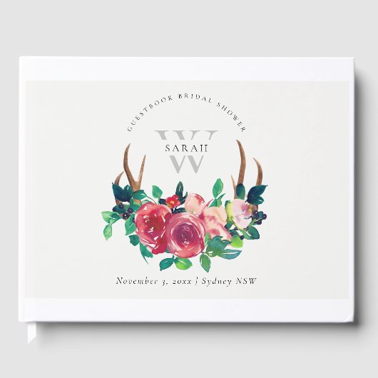 ラスティック ボーホー レッド フローラル スタッグ アントラーズ ブライダル シャワー ゲストブック (正面)