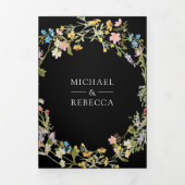 ラスティック ボーホー ワイルドフラワー フォト QR コード ブラック ウェディング 三つ折り招待状 (カバー)