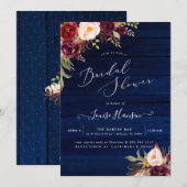 ラスティック ボーホー 水彩 マサラ ピオニー ネイビーブルー ウッド 招待状 (正面/裏面)