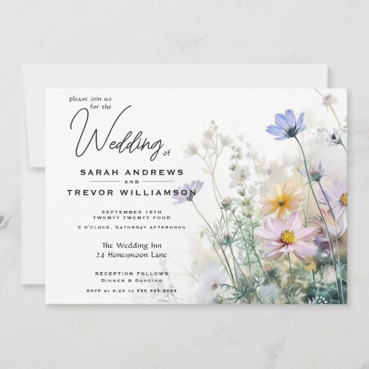 ラスティック ボーホー 水彩 ワイルドフラワー 招待状 (正面)