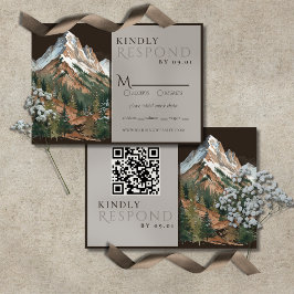 ラスティック マウンテン ランドスケープ ウォーターカラー ウェディング QR  出欠カード
