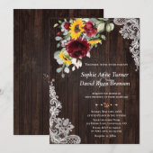ラスティック マルサラ フローラル ヒマワリ ウッド レース ウェディング 招待状 (正面/裏面)