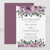 ラスティック マーブ プラム パープル フローラル グリーンの結婚式 セーブザデート (正面/裏面)