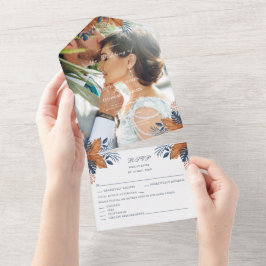 ラスティック ミッドナイト ブルー モンステラ ウェディング オールインワン招待状