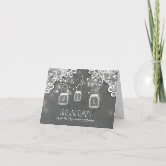 ラスティック メイソンジャー ライトとレースのウェディング サンクス サンキューカード (正面)