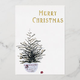 ラスティック メリークリスマス 水彩 クリスマスの木 箔シーズンカード