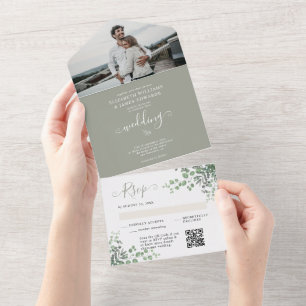 ラスティック ユーカリ QR コード RSVP 春の結婚式 オールインワン招待状