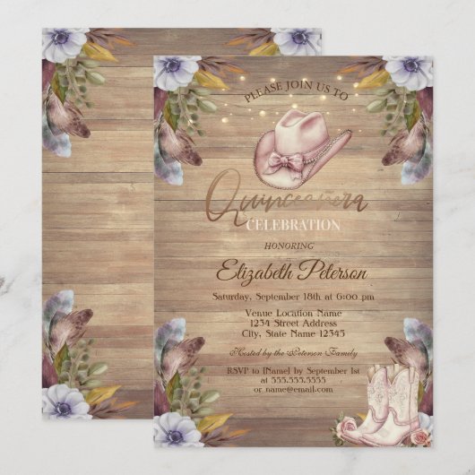 ラスティック ライト、ティアラ、レースのカボチャの花のスイート 16 招待状 (正面/裏面)