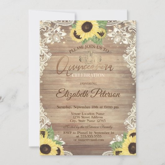 ラスティック ライト、ティアラ、レース ヒマワリのキンセアニエラ 招待状 (正面)
