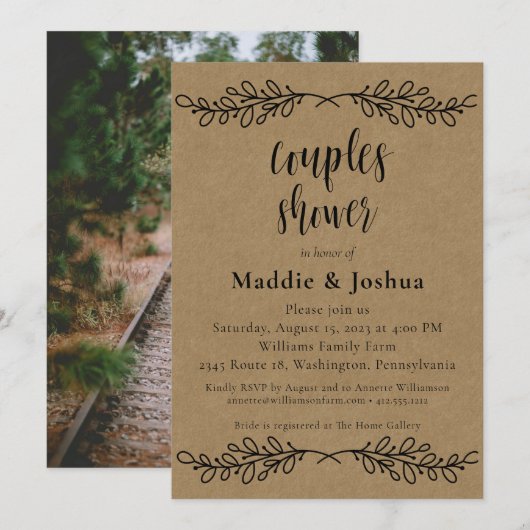 ラスティック ライラック クラフト フォト カップル シャワー 招待状 (正面/裏面)