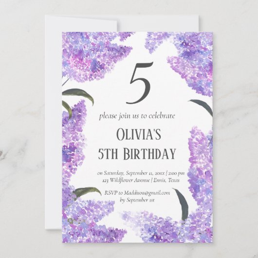 ラスティック ライラック 5歳の誕生日 ワイルドフラワー 誕生日 招待状 (正面)