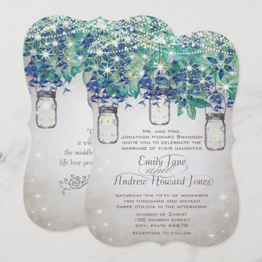 ラスティック ラックス ネイビーとターコイズのメイソンジャー 招待状 (正面/裏面)