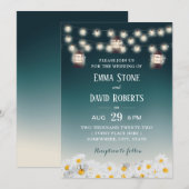 ラスティック ランタン & デイジー フラワー ティール オンブレ ウェディング 招待状 (正面/裏面)