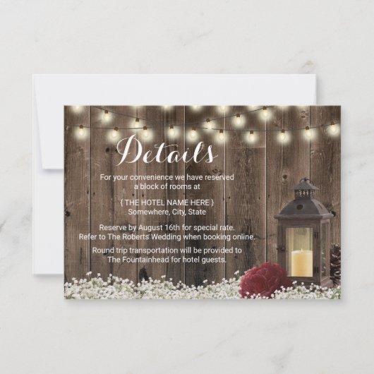 ラスティック ランタン & バーガンディ フラワー ウェディング デイテール 招待状 (正面)