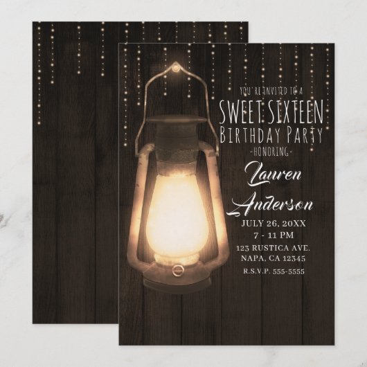 ラスティック ランタン & ライト ブラウン ウッド スイート 16 パーティー 招待状 (正面/裏面)