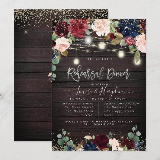 ラスティック リハーサル ディナー メイソン ジャー ライト ストリングス 招待状 (正面/裏面)