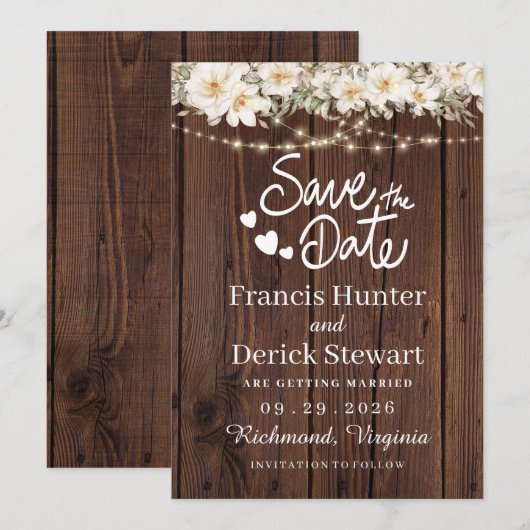ラスティック リーフ ストリング ライト ウッド セーブ ザ デート 招待状 (正面/裏面)