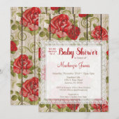 ラスティック レッド ローズ ベビー シャワー 招待状 ラック ウッド (正面/裏面)