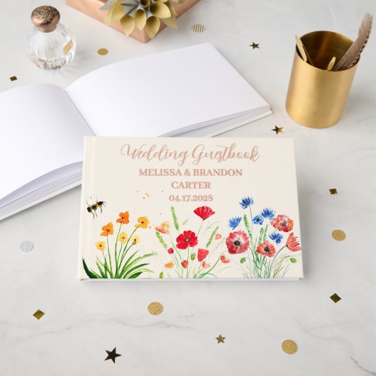 ラスティック ワイルドフラワー ガーデン 春の水彩 結婚式 ゲストブック (正面見開き)