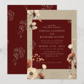 ラスティック ヴィンテージ ドライ ワイルドフラワーズ バーガンディー ウェディング 招待状 (正面/裏面)