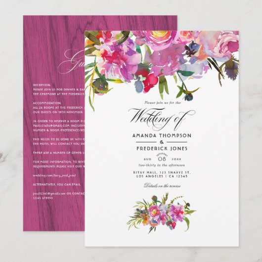 ラスティック ヴィンテージ ピンク ピオニー ウォーターカラー ウェディング 招待状 (正面/裏面)