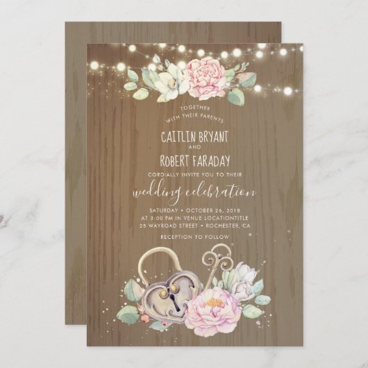 ラスティック ヴィンテージ 鍵と南京錠のウェディング 招待状 (正面/裏面)