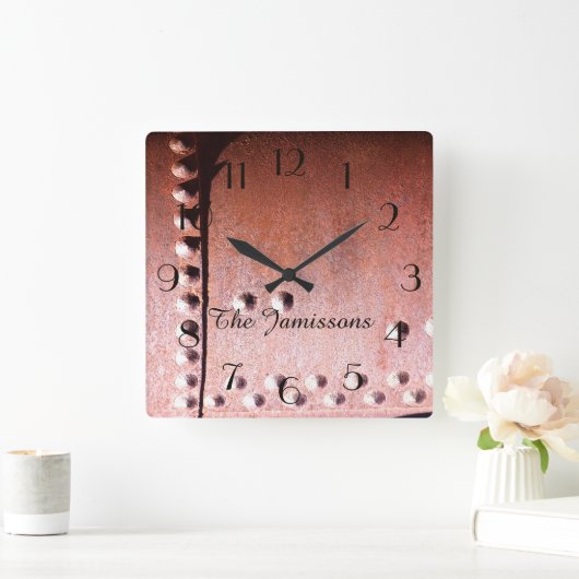 ラスティフェイクメタル抽象芸術、名前パーソナライズされた、 スクエア壁時計 (ホーム)