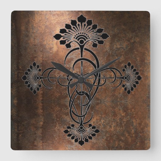 ラスティメタルアールヌーボーデザインオンA スクエア壁時計 (正面)