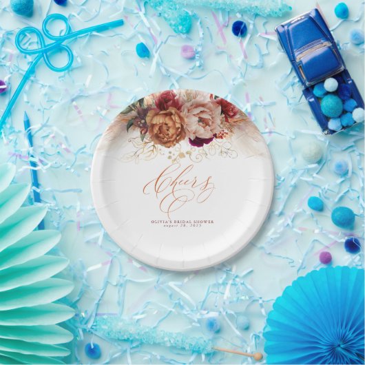 ラスティーテラコッタの花とパンパス草のお祝い ペーパープレート (パーティー)